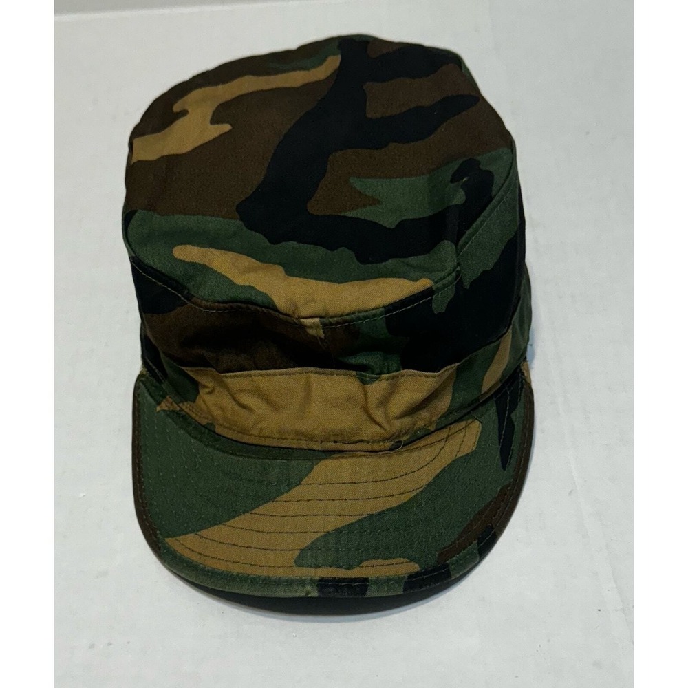 Vintage 1987 US Military Woodland Camouflage Patrol Cap Hat with Ear Flaps 7 1/8